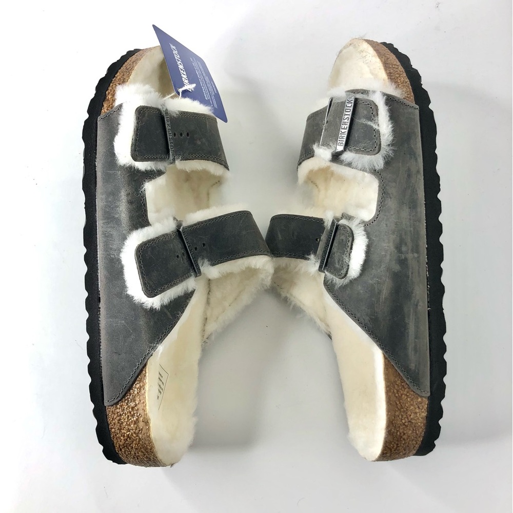 NIB Birkenstock Arizona Shearling Iron Leather Fur Lined Sandals Shoes - Picture 3 of 12